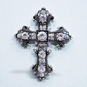 Silver Cross Brooch and Pendant Medallion with Crystal Accents